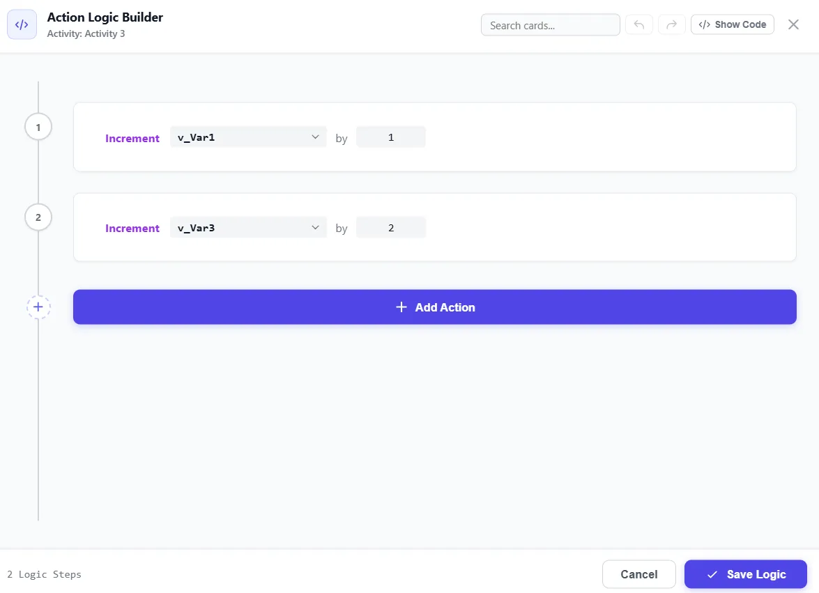 The Action Logic editor offering to create a variable inline