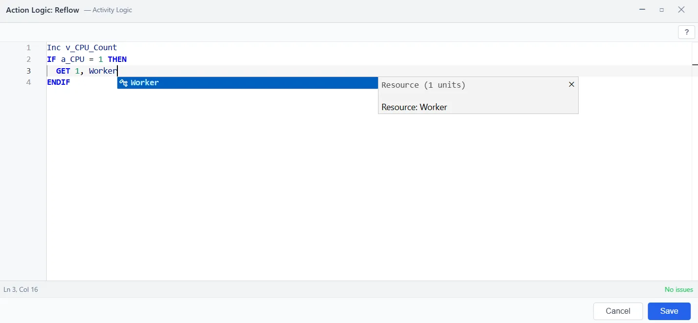 The action-logic language with syntax highlighting and an autocomplete suggestion for a resource