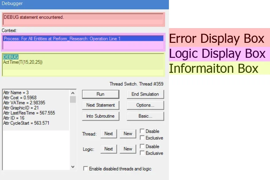 Debugger dialog box during simulation for ProcessModel