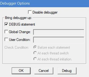 Debugger options dialog in ProcessModel