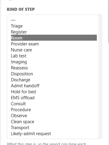 The Kind of step list open on a step, with a blank first entry and the nineteen kinds from Triage to Likely-admit request, Room highlighted.
