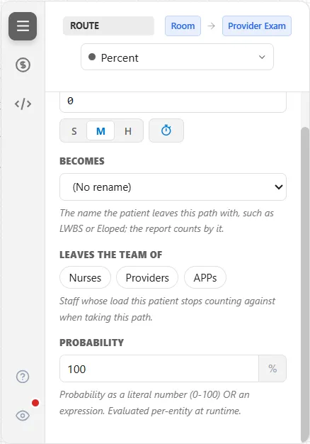 The General tab of a route from Room to Provider Exam, of type Percent: the box Becomes set to No rename, the heading Leaves the team of with the chips Nurses, Providers and APPs, and the box Probability at 100 percent.
