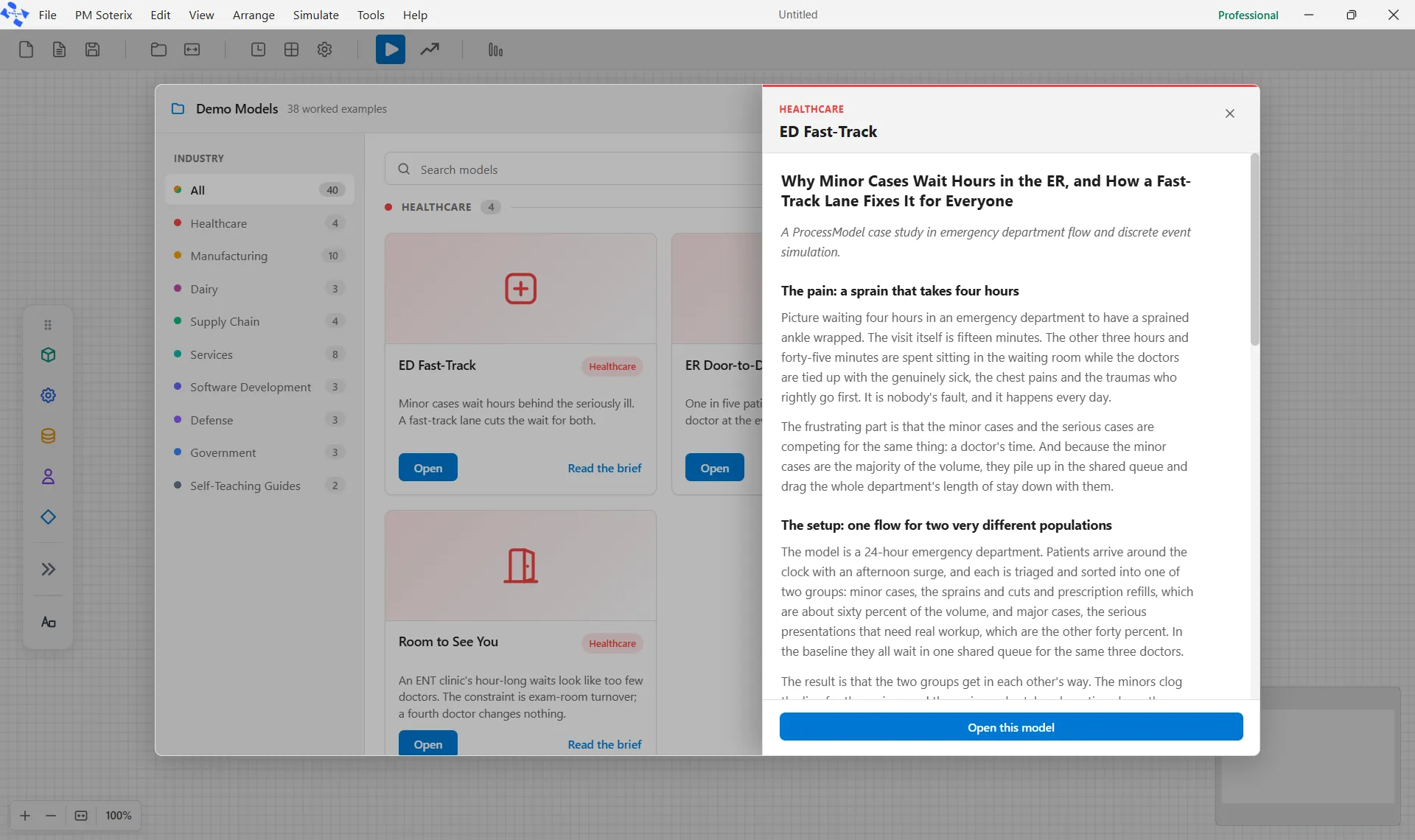 The Brief panel slid over the grid, with the case-study write-up and an Open this model button.