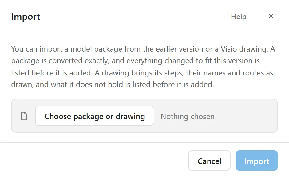 The Import window as it opens: the explanation, a Choose package or drawing button with Nothing chosen beside it, and Cancel and a dimmed Import button along the bottom.