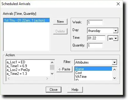 A single patient arrival imported into the ProcessModel scheduled arrival dialog