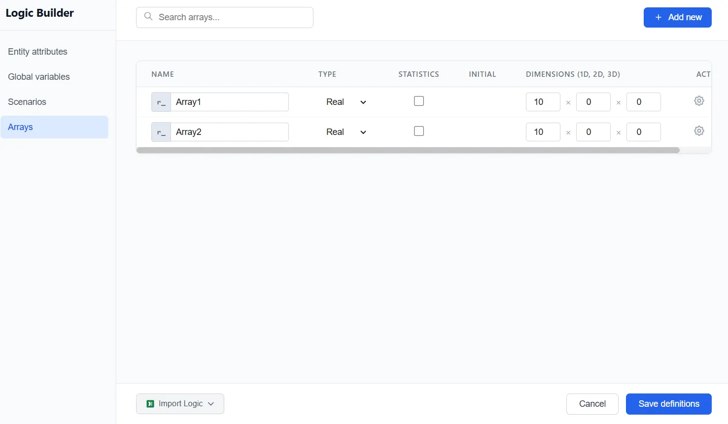 The Arrays tab in the Logic Builder
