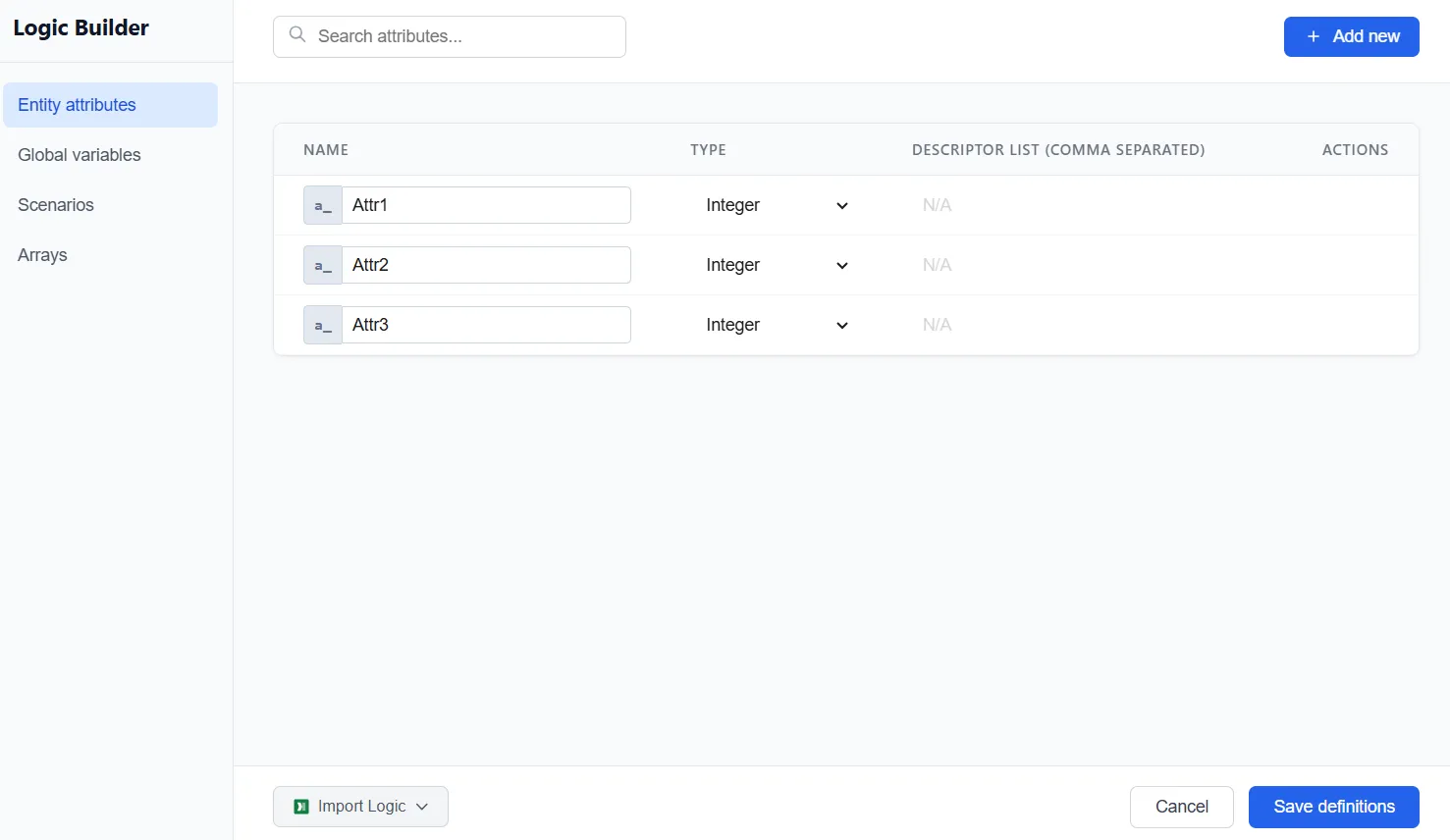 The Entity attributes tab in the Logic Builder