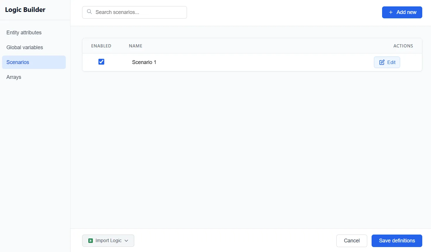 The Scenarios tab in the Logic Builder