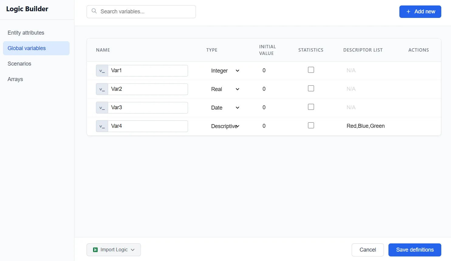 The Global variables tab in the Logic Builder