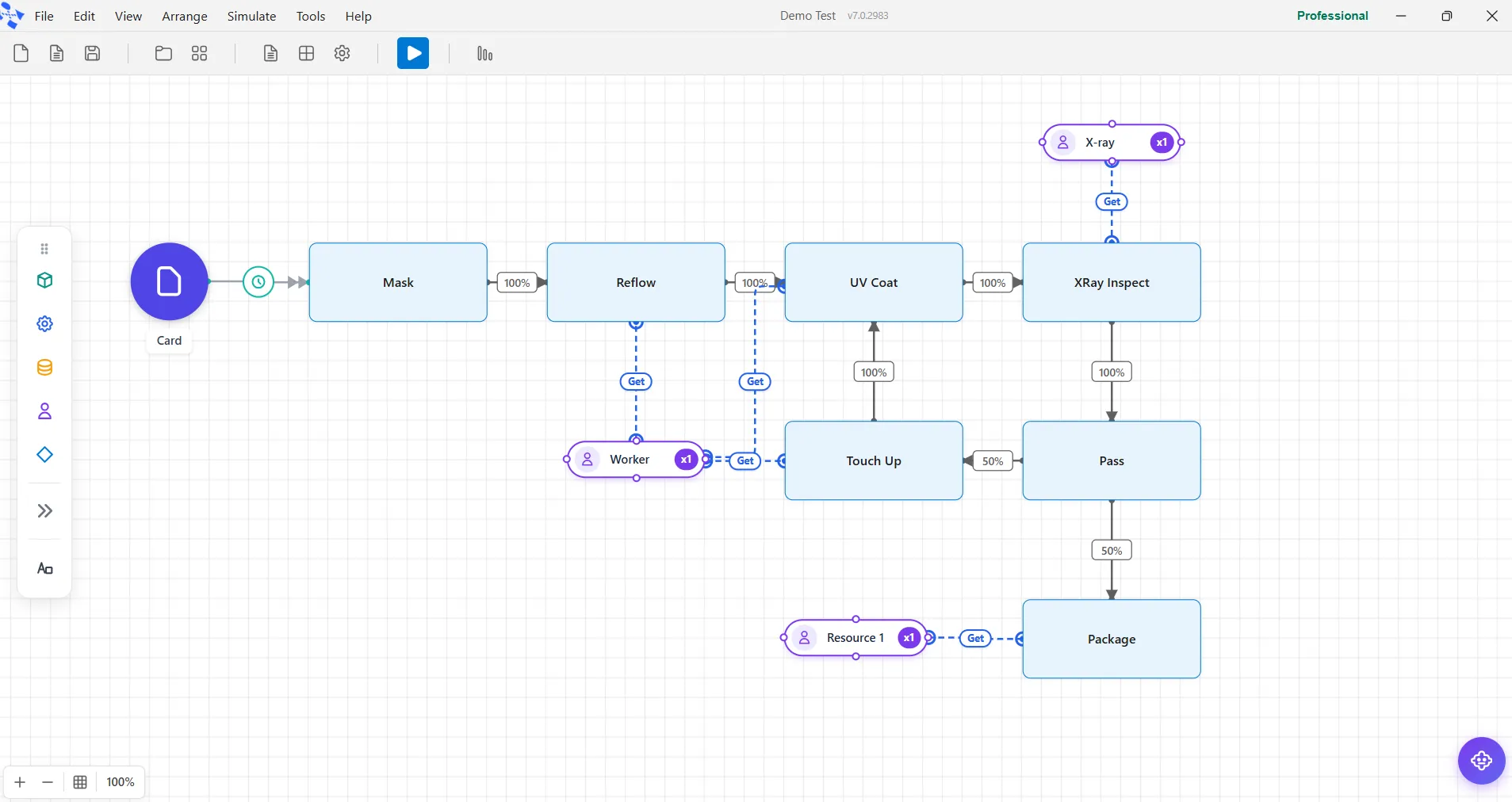 The model canvas. Drag elements from the palette on the left onto the workspace and connect them.