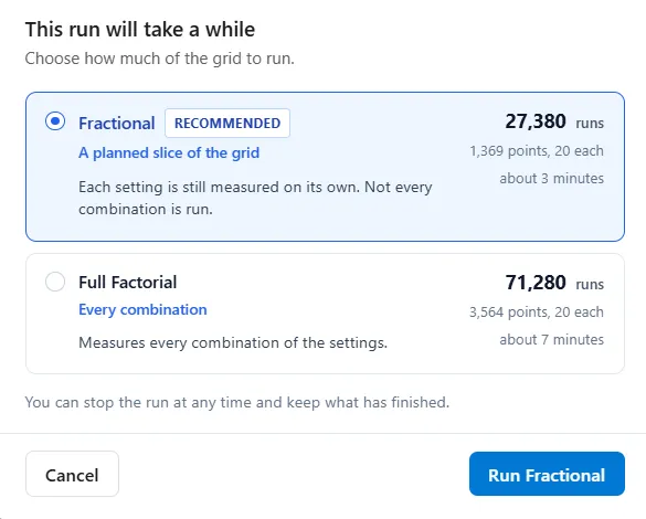 The choice dialog, offering a Fractional slice of the grid above the full one.