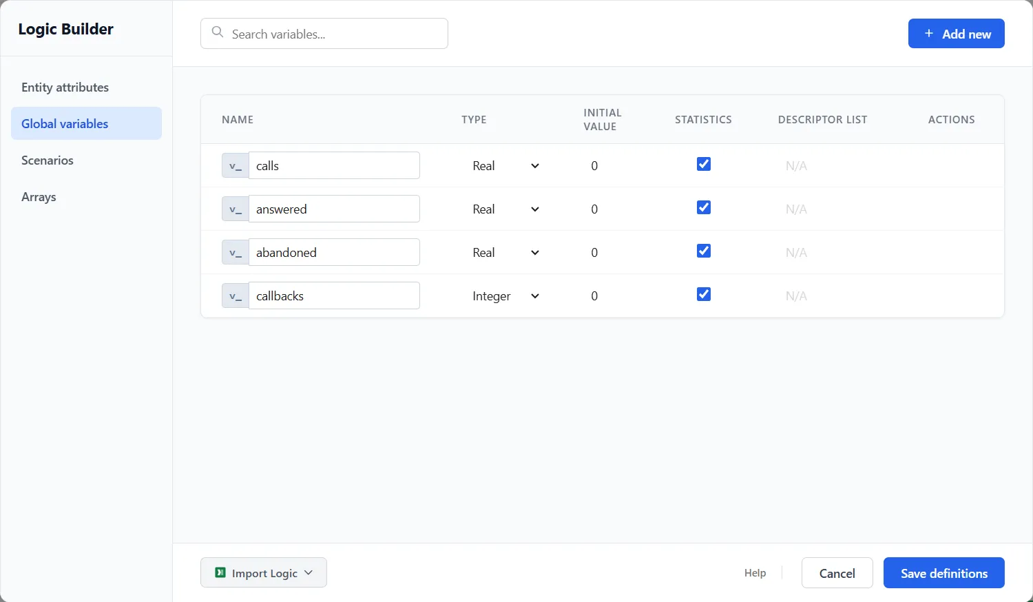 The Logic Builder on its Global variables tab: a table of four variables, calls, answered, abandoned and callbacks, with their types, initial values and Statistics boxes, and the buttons Import Logic, Help, Cancel and Save definitions at the foot.