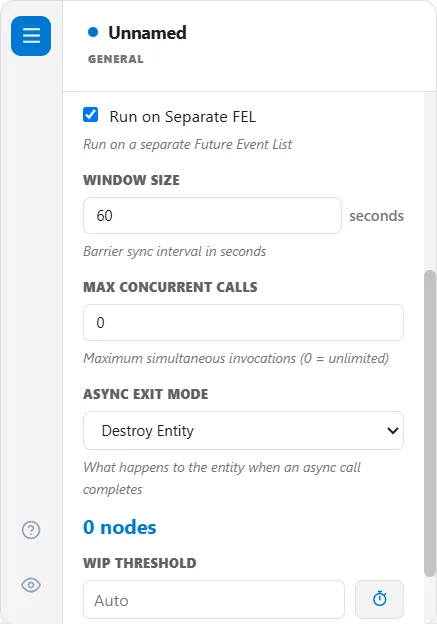 The General tab of a Process Group, scrolled down: Run on Separate FEL ticked, Window Size 60 seconds, Max Concurrent Calls 0, Async Exit Mode set to Destroy Entity, the count 0 nodes, and WIP Threshold set to Auto.