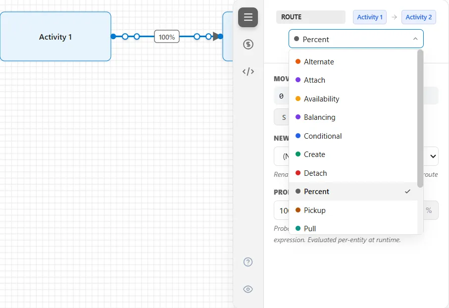 A route's General tab and the route-type list