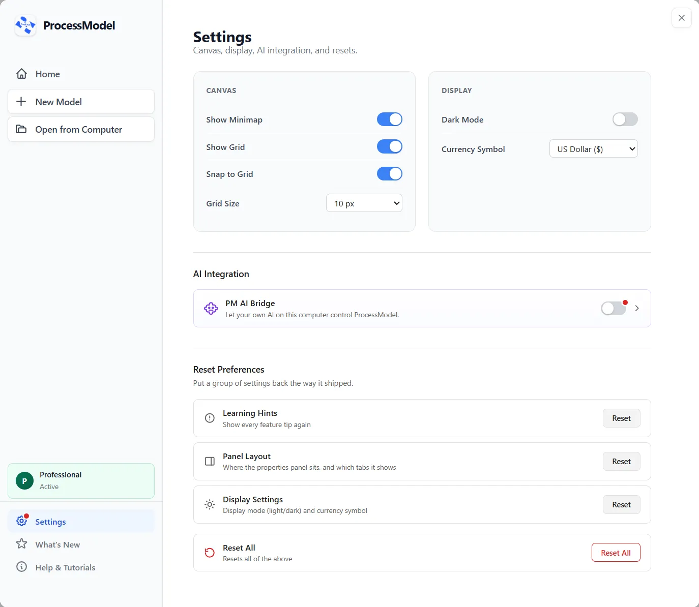 The Settings pane on the Welcome screen, with Settings chosen in the left list: Canvas and Display settings at the top, then AI Integration with a single PM AI Bridge card whose switch is off and wears a red dot, then Reset Preferences.