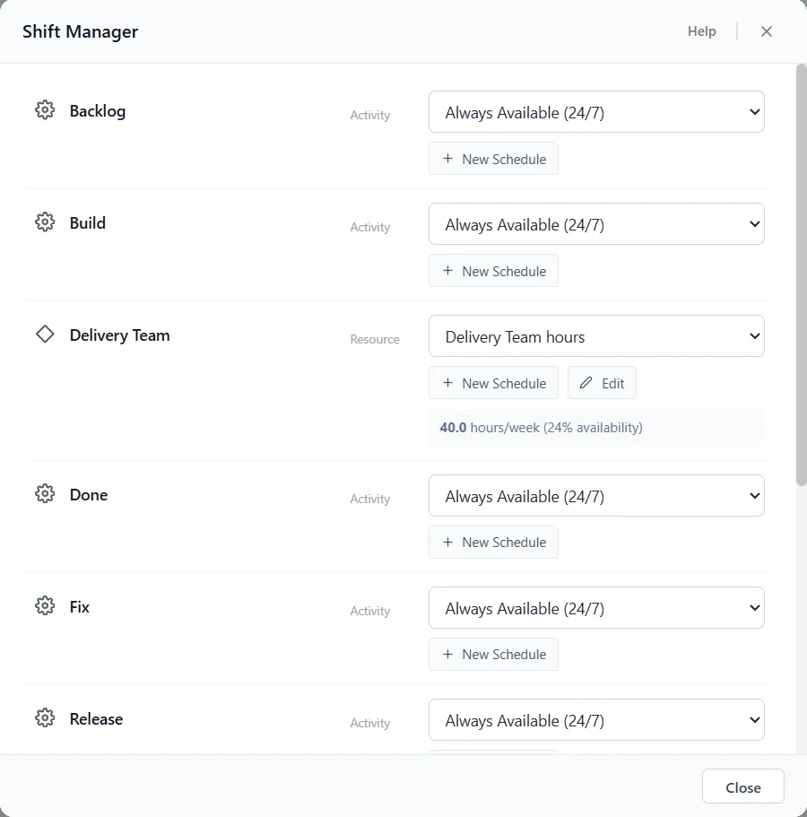 Activity and resource rows with their shift pickers, one row on a custom schedule