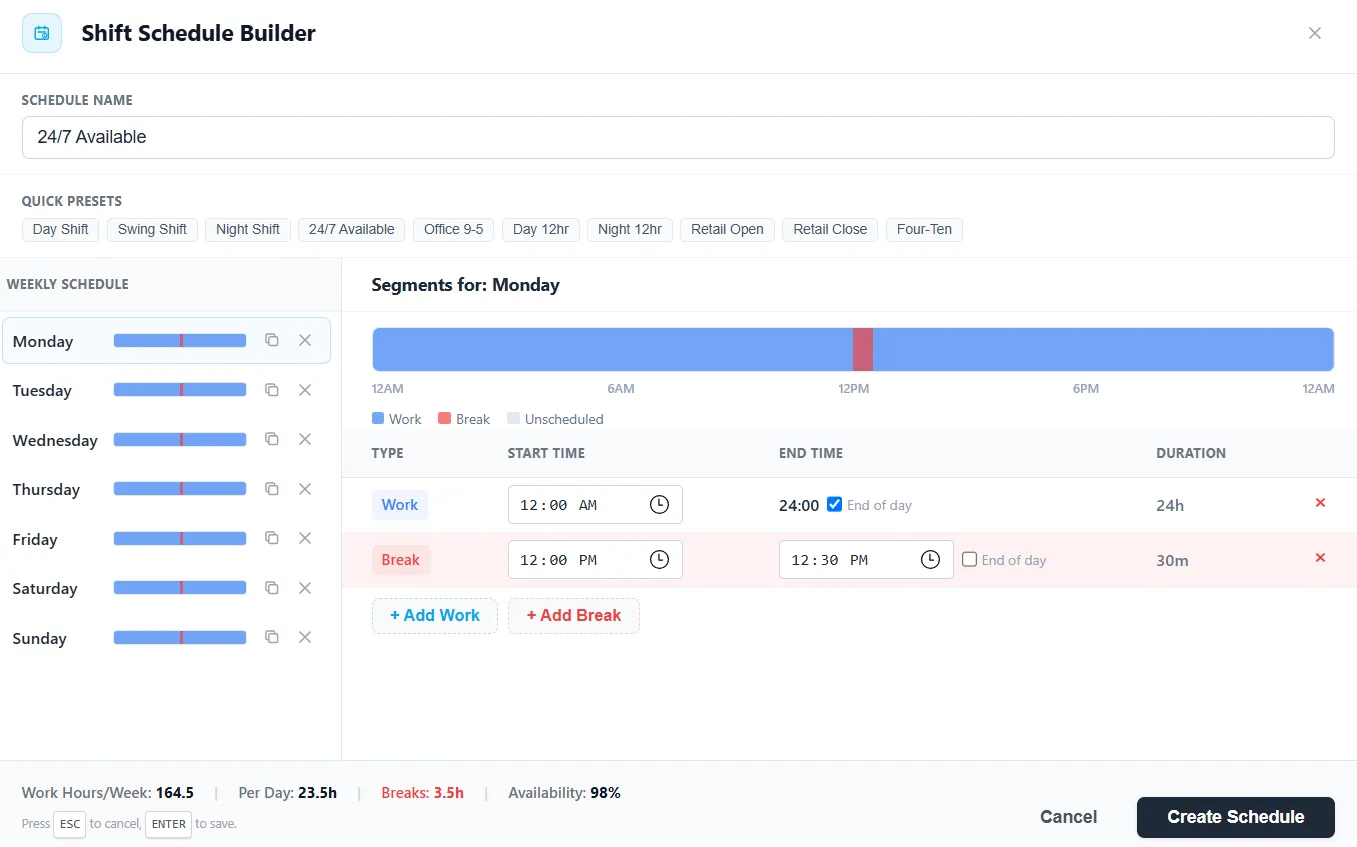 The shift schedule builder with a filled weekly schedule