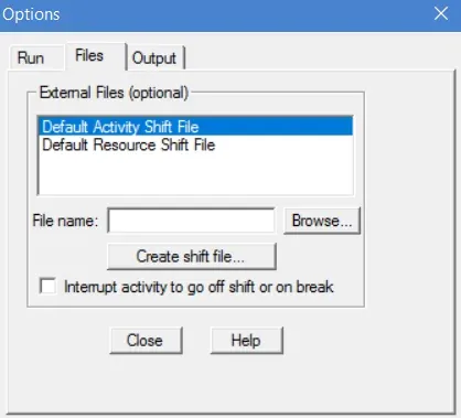 Simulation menu Files tab in ProcessModel