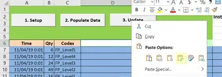 Pasting the time attributes into the input sheet