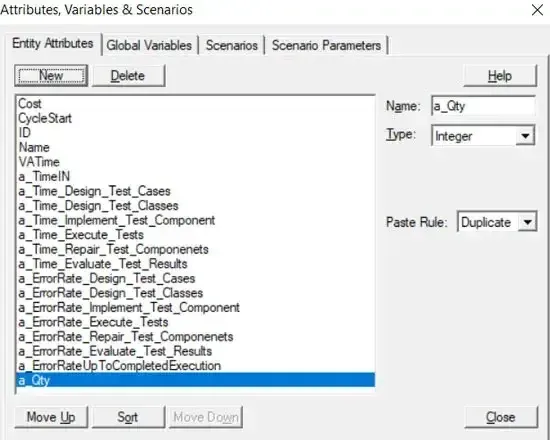 The Attributes, Variables and Scenarios window for the model