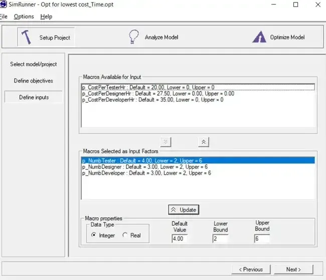 Defining the input factors for the optimization