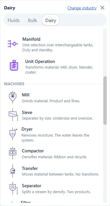 The Machines section. Every one of these drops the same Unit Operation element with different settings.