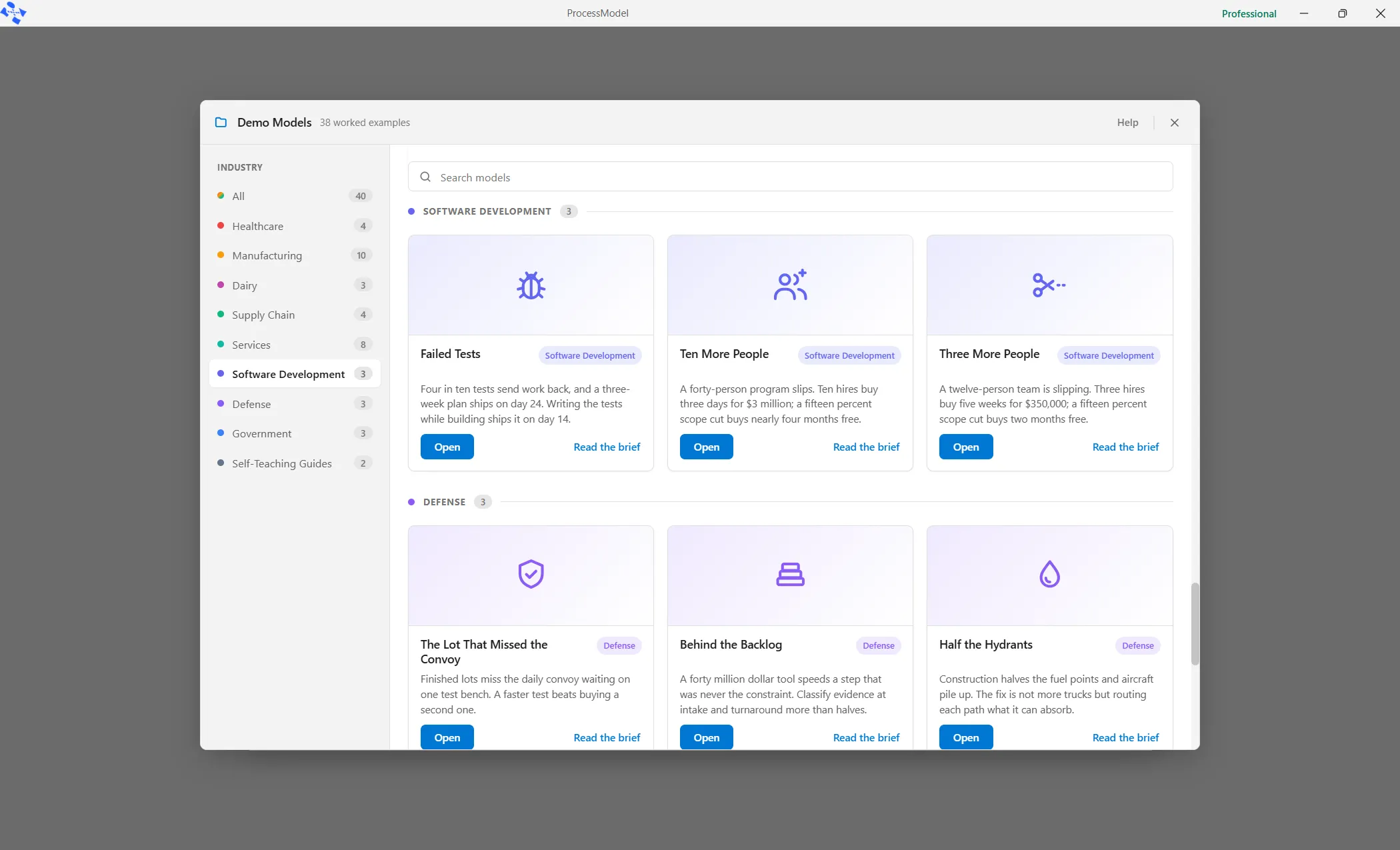 The Demo Models window with Software Development selected. Its three cards, Failed Tests, Ten More People and Three More People, each have Open and Read the brief, and Self-Teaching Guides is last in the Industry list.